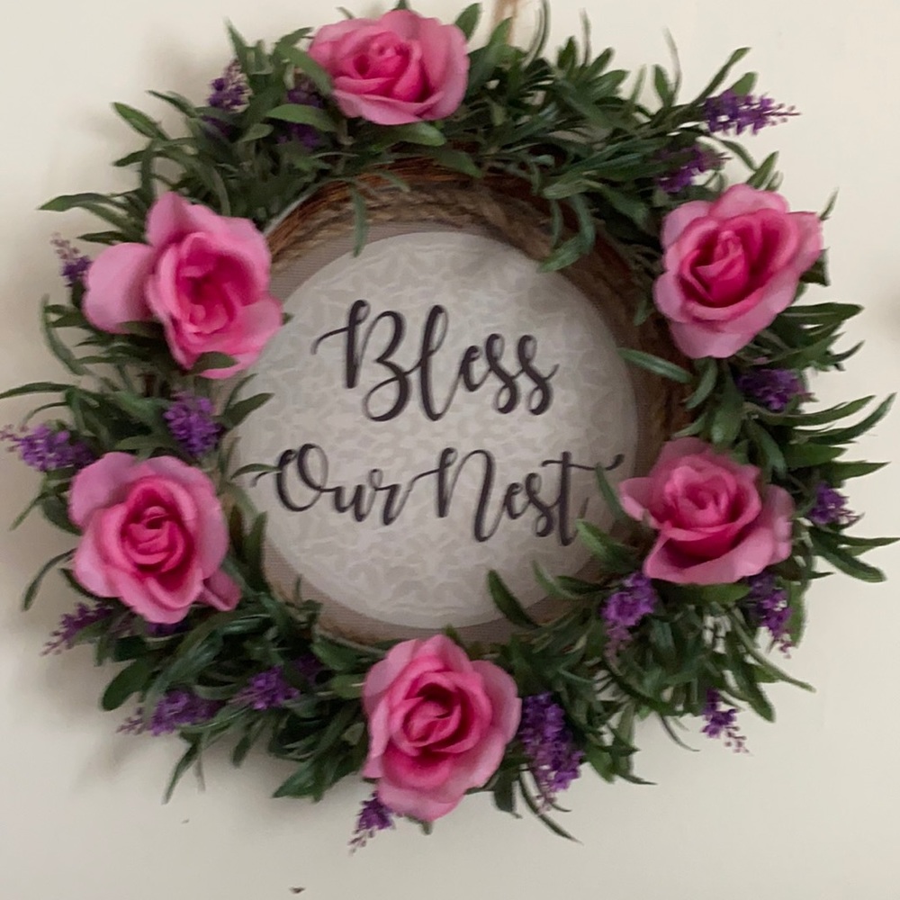 grapevine wreath with pink roses and purple flower
